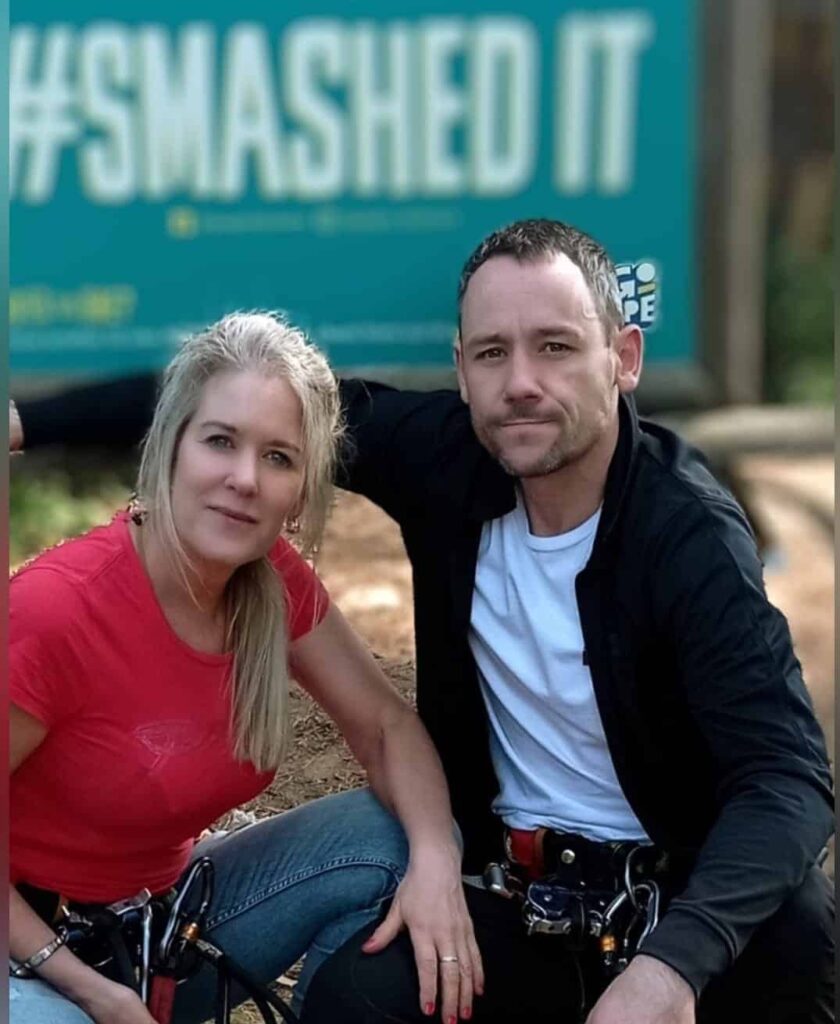 Daz and Viv, the energetic owners of The Dog Walkers, enjoying a team break at GoApe.